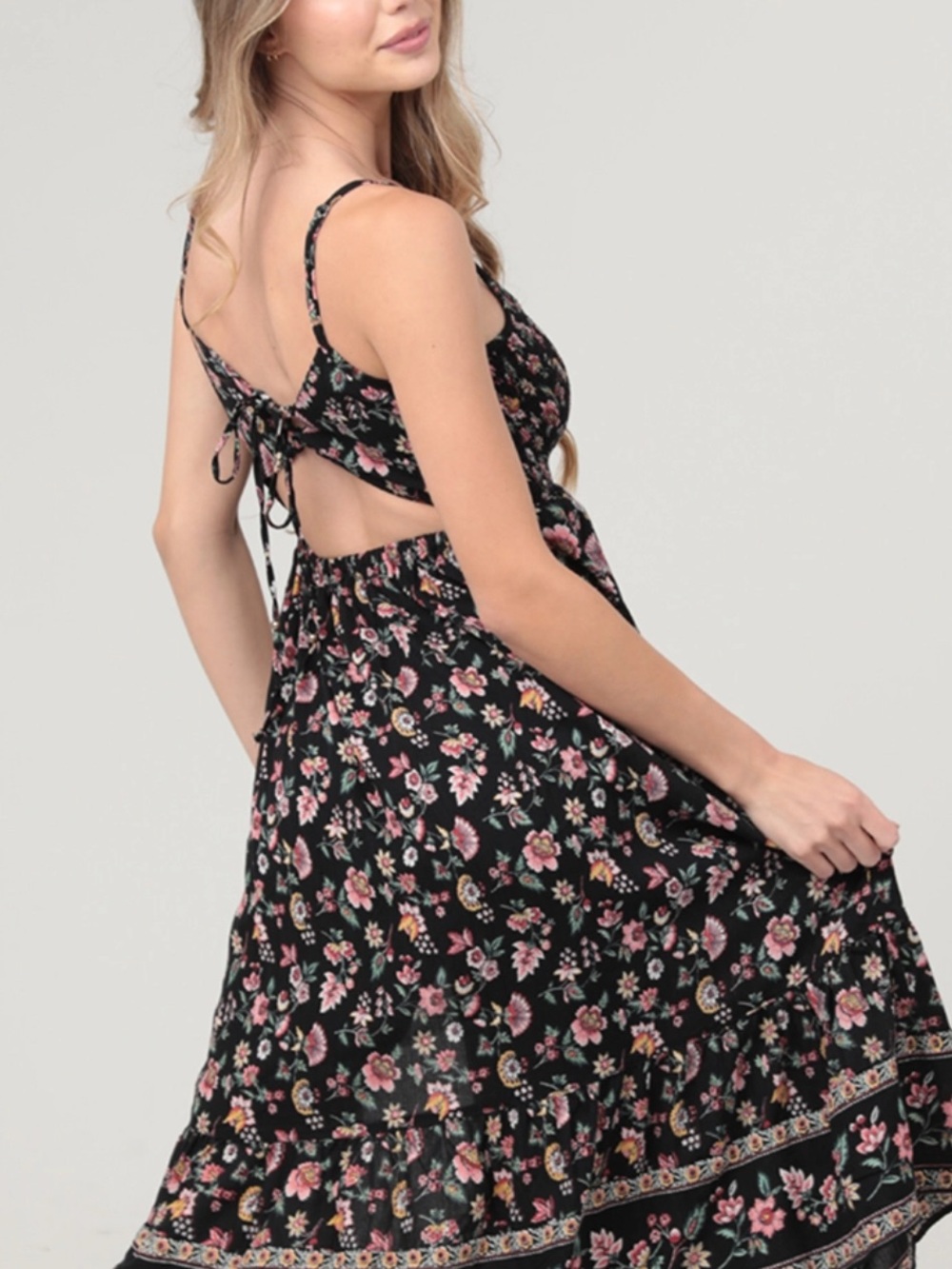 Angie Black Floral Back-Tie Maxi Dress with Pink Blooms
